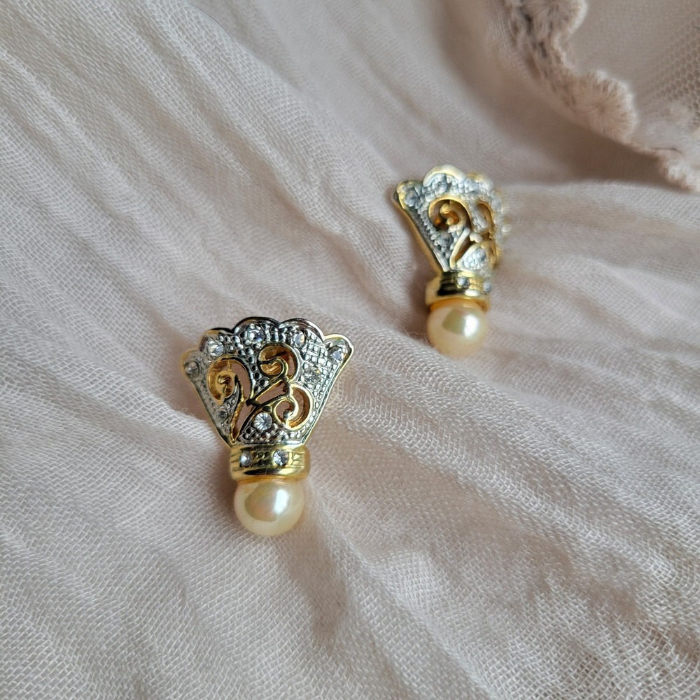 Vintage 1980s Earrings Gold Silver Badminton Birdie Shuttlecock Pearl Pierced